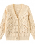 Girls Handmade Thick Twist Cardigan Bow Knit V-neck Sweater Jacket