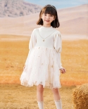 Vestido de niñas Otoño e invierno Nuevas mangas de linterna Punto de malla blanca Costura Falda estrellada Vestido de princesa