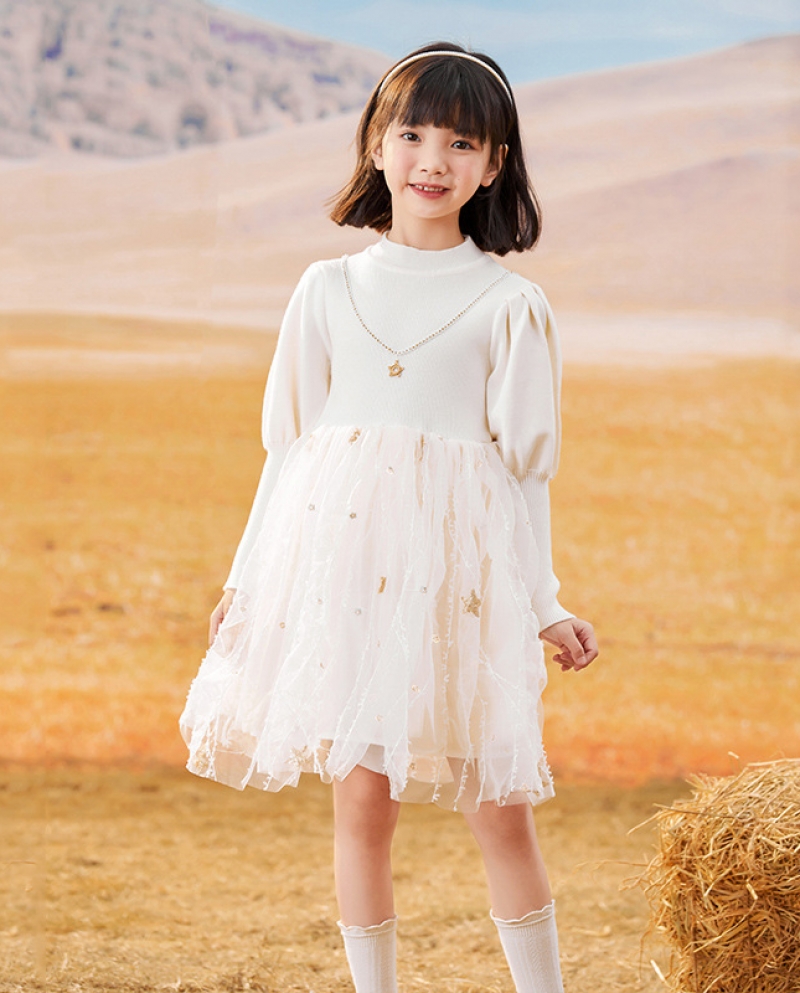 Girls Dress Autumn And Winter New Lantern Sleeves Knitted White Mesh Stitching Starry Skirt Princess Dress