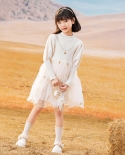 Girls Dress Autumn And Winter New Lantern Sleeves Knitted White Mesh Stitching Starry Skirt Princess Dress