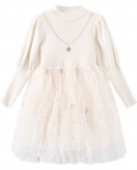 Vestido de niñas Otoño e invierno Nuevas mangas de linterna Punto de malla blanca Costura Falda estrellada Vestido de princesa