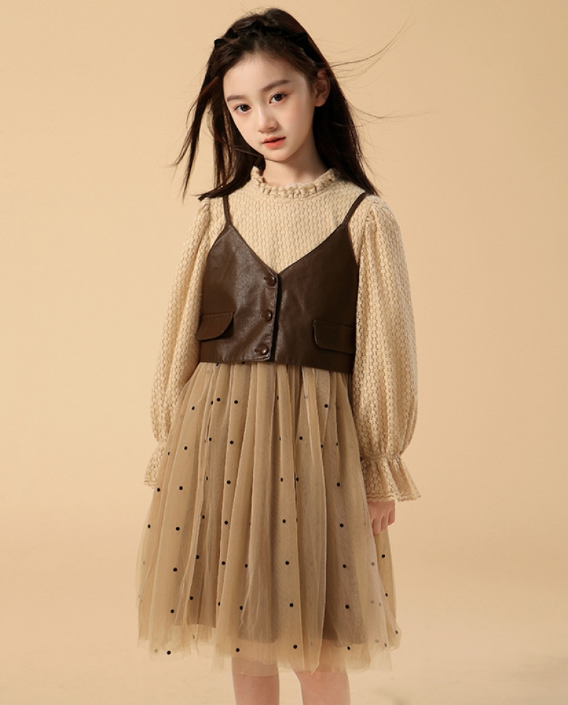 Falda de princesa para niñas Chaleco de cuero de manga larga de otoño e invierno de dos piezas