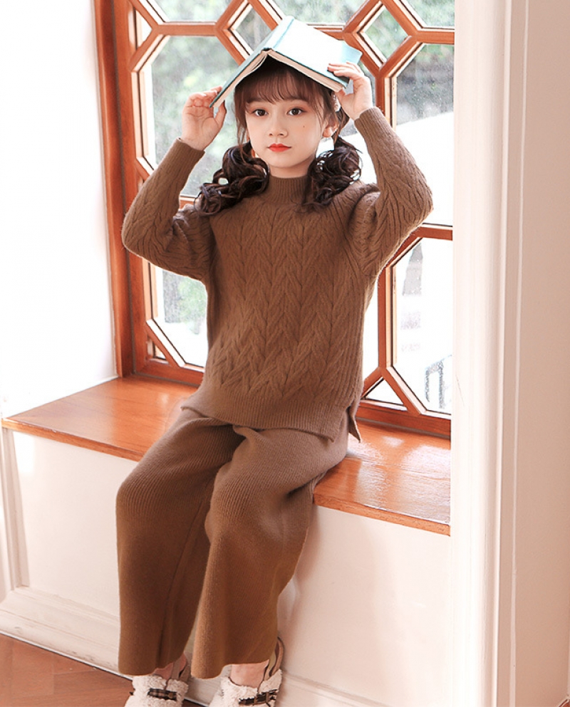 Girls Knitted Suit Autumnwinter Drop Shoulder Loose Casual Two-piece Knitted Wide Leg Pants Suit