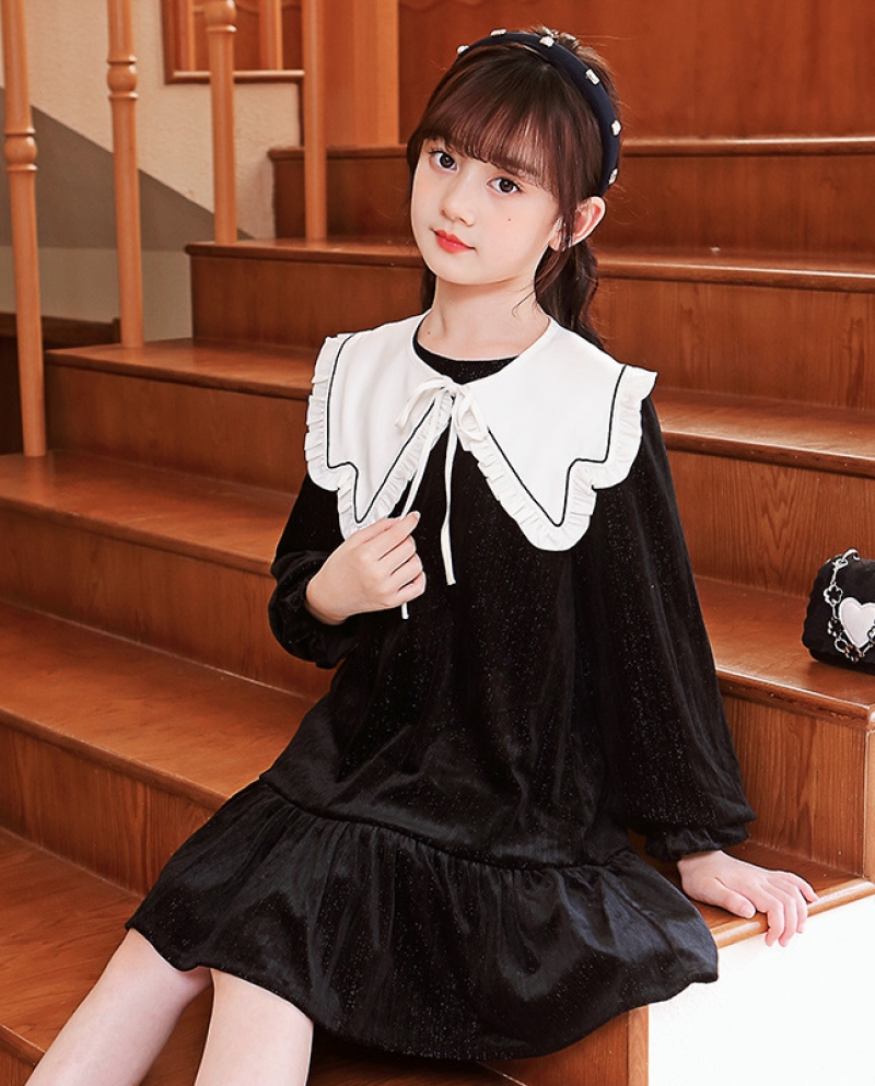 Black Doll Collar Long-sleeved Dress Girls Velvet Star-studded Skirt
