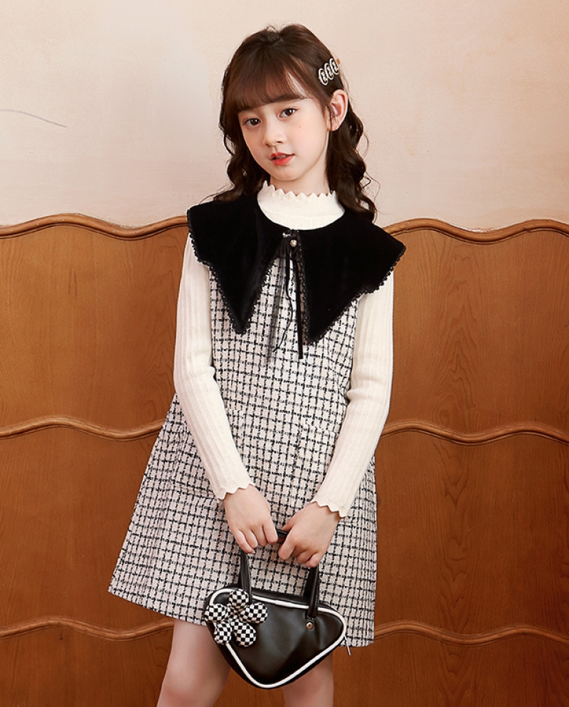 Girls Suit Clothes Autumn New Sweater Over The Knee Houndstooth Vest Dress Two-piece Set