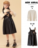 Girls Autumn New Leather Vest Strap Dress  Knitted Bottoming Shirt Suit