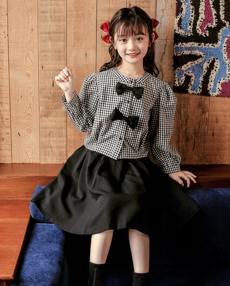 Autumn Childrens Skirt Suit Black Bow Western-style Plaid Top Girls Suit