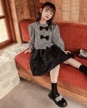 Autumn Childrens Skirt Suit Black Bow Western-style Plaid Top Girls Suit