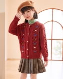 Roupas infantis suéter outono e inverno novo doce bordado meninas jaqueta cardigã de tricô