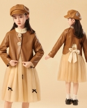 Girls Dress Autumn New Style Childrens Leather Jacket Girls Mesh Princess Skirt Two-piece Set
