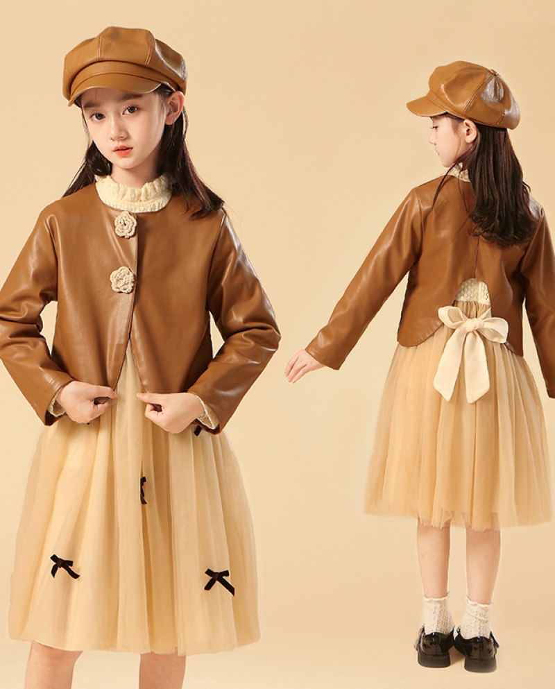 Vestido para niñas, otoño, nuevo estilo, chaqueta de cuero para niños, falda de princesa de malla para niñas, conjunto de dos pi
