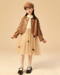 Vestido para niñas, otoño, nuevo estilo, chaqueta de cuero para niños, falda de princesa de malla para niñas, conjunto de dos pi