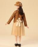فستان بناتي لخريف نمط جديد للأطفال سترة جلدية للبنات طقم تنورة أميرة شبكية مكونة من قطعتين