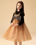 Girls Dress New Autumn Childrens Bow Mesh Princess Dress Long Sleeve Sweater Dress