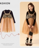 Girls Dress New Autumn Childrens Bow Mesh Princess Dress Long Sleeve Sweater Dress