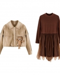 Girls Coat New Lapel Childrens Leather Jacket  Bottoming Mesh Skirt Girls Autumn Suit