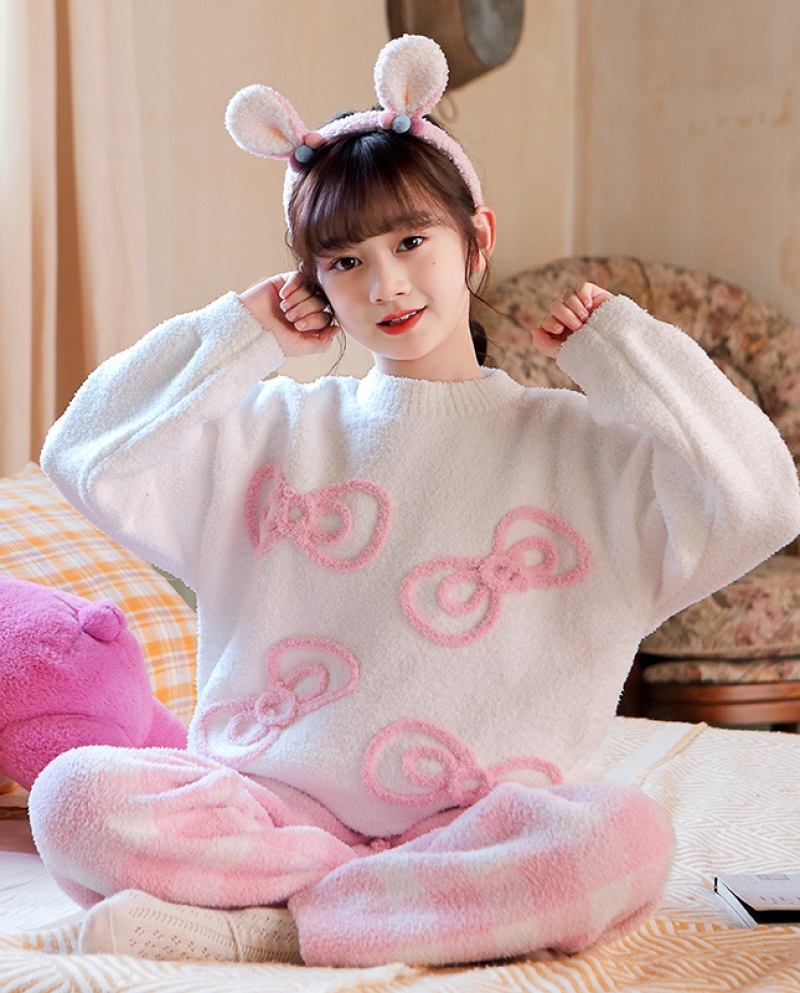 Invierno engrosada franela rosa arco dulce y lindo niño pijamas de manga larga ropa de casa traje