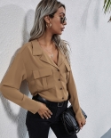 Womens New Solid Color Lapel Cardigan Single Breasted Chiffon Casual Shirt