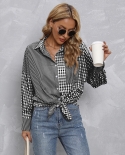 Womens New Lapel Plaid Color Matching Loose Casual Shirt
