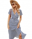 Womens New V-Neck High Waist Navy Blue Single Breasted Short Sleeve Striped Dress