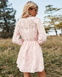 Womens New Pink Round Neck Tight Waist Long Sleeve Dress