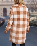 Womens Casual Mid-length Double-pocket Single-breasted Plaid Warm Fur Coat