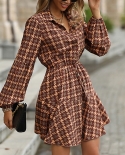 Womens Long Sleeve Plaid Lapel Lace-up A-Line Dress