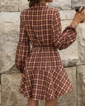 Womens Long Sleeve Plaid Lapel Lace-up A-Line Dress
