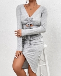 Womens Knit Drawstring Solid Color Lace-Up Slit Dress