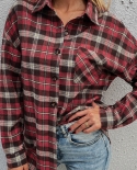 Womens Red Plaid Lapel Single Breasted Long Sleeve Top Shirt