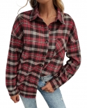 Womens Red Plaid Lapel Single Breasted Long Sleeve Top Shirt