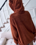 Nuevo abrigo de lana informal suelto con cremallera y capucha marrón para mujer