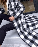 Womens Popular Long-sleeved Black And White Plaid Woolen Coat