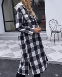 Womens Popular Long-sleeved Black And White Plaid Woolen Coat