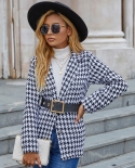 Womens Black and White Long Sleeve Houndstooth Blazer