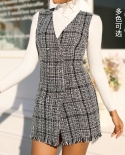 Womens V-neck Double-breasted Woolen Fresh Slit Vest Dress