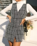 Womens V-neck Double-breasted Woolen Fresh Slit Vest Dress