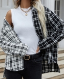 Womens New Long Sleeve Black and White Plaid Single Breasted Cardigan Jacket