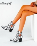 Womens New Pointed Toe Ankle Boots Short Chunky Heel Snake Belt Buckle Bare Boots
