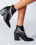 Womens Autumn And Winter New Pointed Toe High Heels Thick Heel Chain Plus Velvet All-match Martin Boots