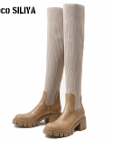 Botas Martin Botas de suela gruesa de tacón grueso para mujer Botas elásticas sobre la rodilla para mujer