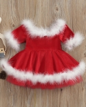 Infant Kids Baby Girls Christmas Dress, Red Offtheshoulder Long Sleeve Bubble Gown With White Fur Hem, 17 Years  Girls C