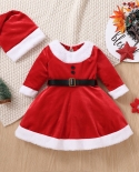 Toddler Kids Baby Girls Autumn Outfit Sets Long Sleeve Plush Patchwork Aline Dress With Belt  Christmas Hat 16t  Girls 