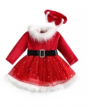 Christmas Kids Infant Baby Girls Princess Dress Sequin Mesh Long Sleeves Dress With Belt And Headband For Wedding Party 