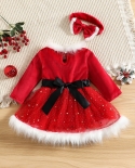 Christmas Kids Infant Baby Girls Princess Dress Sequin Mesh Long Sleeves Dress With Belt And Headband For Wedding Party 