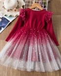 Red Girls Christmas Dresses Long Sleeve Tulle Mesh Tutu Dress For Kids Princess Wedding Party Costume Children Winter Cl