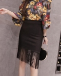 Summer Womens Fashion Trendsetter Lady Temperament Splicing  Hip Wrap Skirt Tassel Black Simple Slim Thin High Waist Sk
