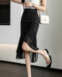 Falda de sirena con empalme de gasa de gasa con volantes a la moda 2022 elegante falda Midi asimétrica de oficina para mujer que