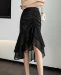  Fashion Ruffles Chiffon Voile Splicing Mermaid Skirt 2022 Elegant Office Lady Asymmetrical Allmatch Shirring Midi Skirt
