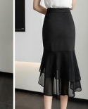  Fashion Ruffles Chiffon Voile Splicing Mermaid Skirt 2022 Elegant Office Lady Asymmetrical Allmatch Shirring Midi Skirt